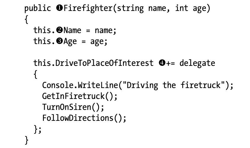 Listing 1-10: The Firefighter class using the delegate for the DriveToPlaceOfInterest() method
