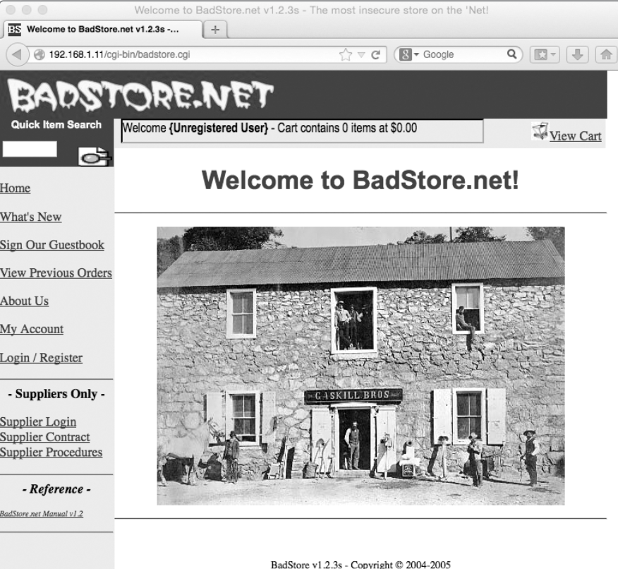 The main page of the BadStore web application