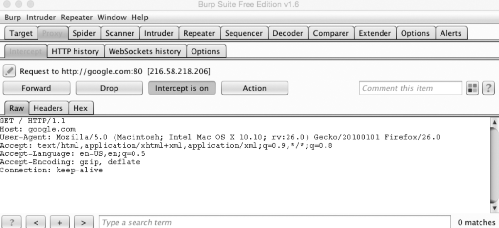 Burp Suite actively capturing a request for google .com from Firefox
