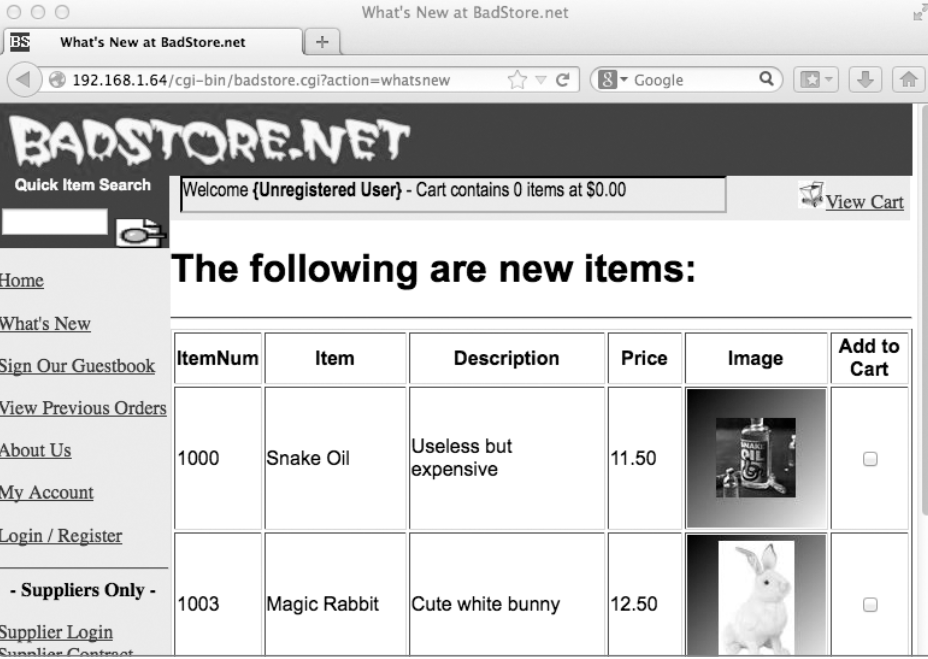The “What’s New” items page of the BadStore web application