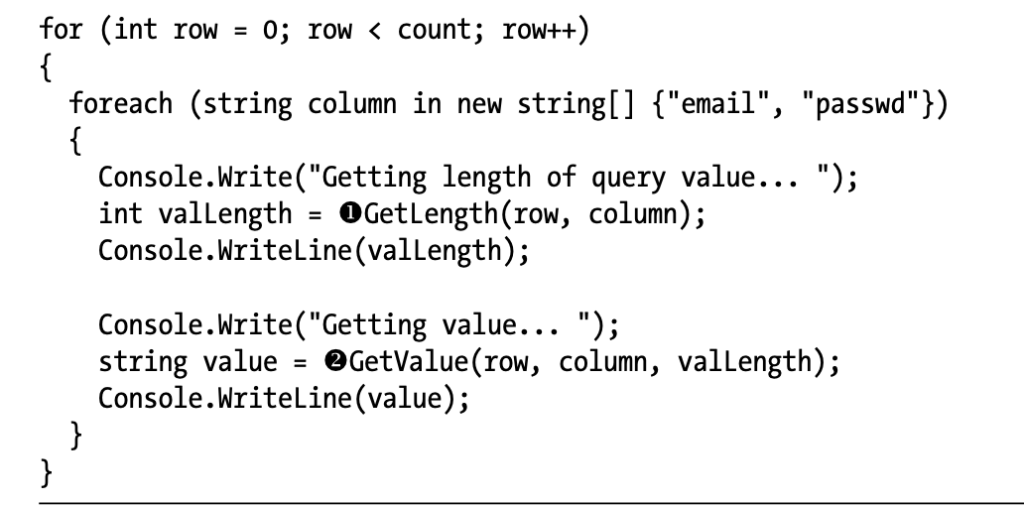 The for loop added to the Main() method, which consumes the GetLength() and GetValue() methods