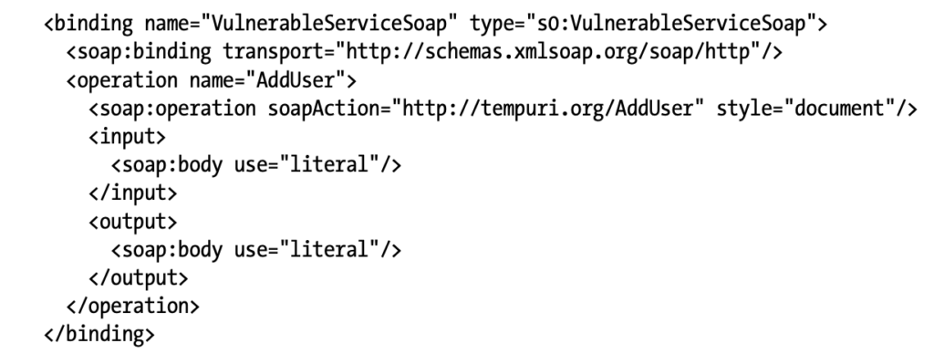 Sample binding XML node from the WSDL