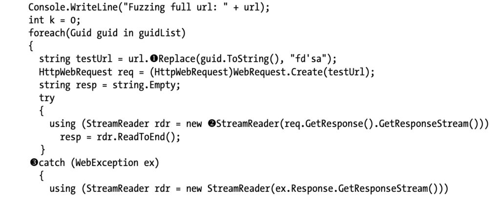 The second half of the FuzzHttpGetPort() method, sending the HTTP requests