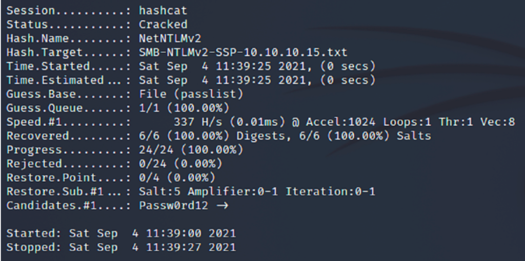 Successfully cracking the NTLMv2 SMB password for the user
