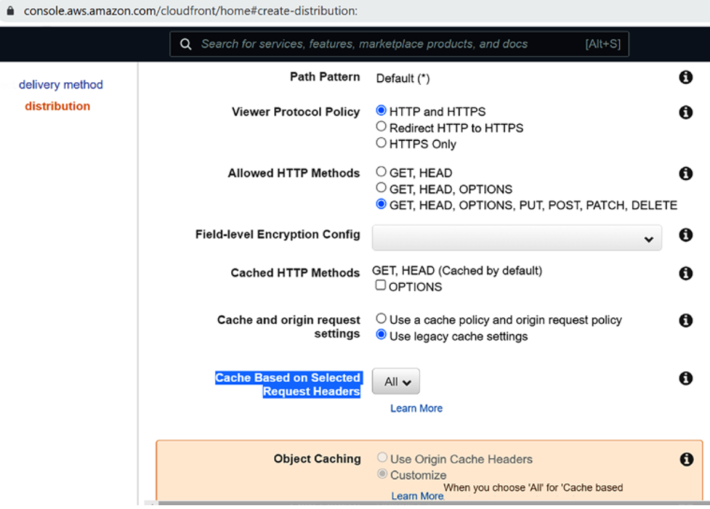Enabling the legacy cache settings and selecting the right options in AWS