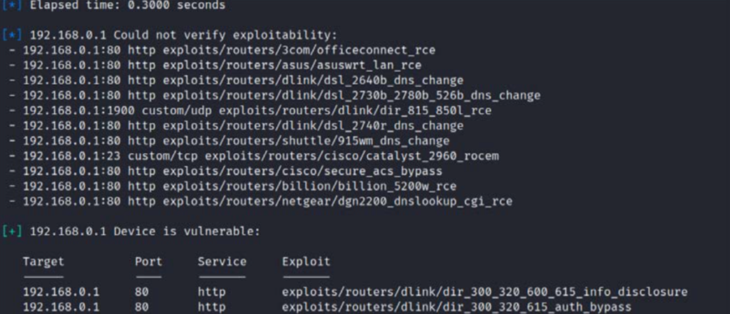 Output of the autopwn module with a list of exploitable vulnerabilities