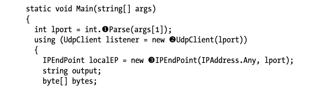 Setting up the UDP listener and other variables for the attacker-side code
