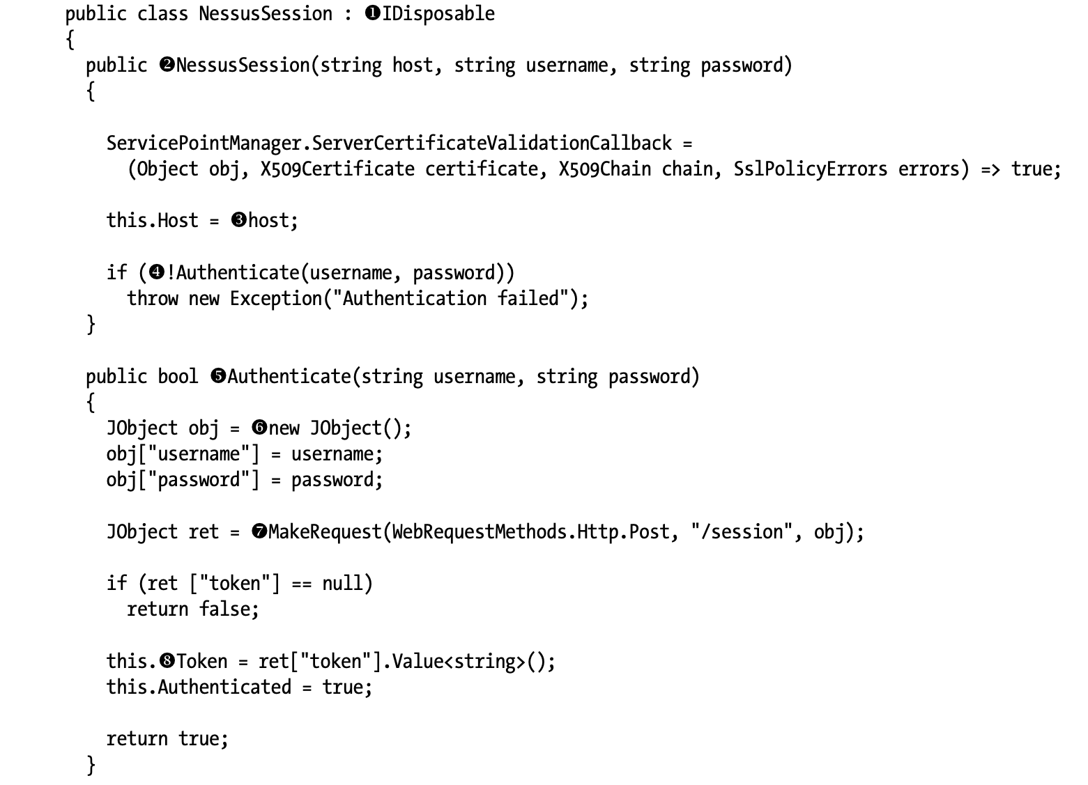 The beginning of the NessusSession class showing the constructor and Authenticate() method
