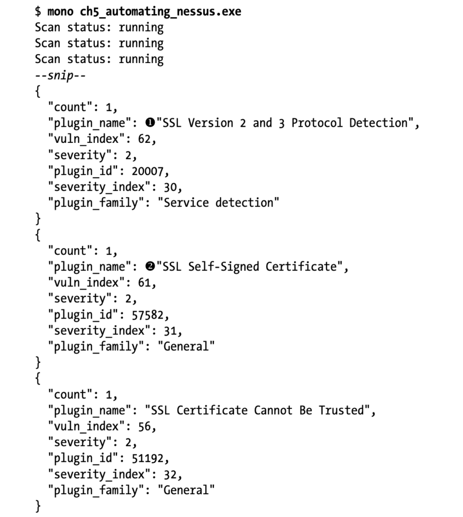Partial output from an automated scan using the Nessus vulnerability scanner