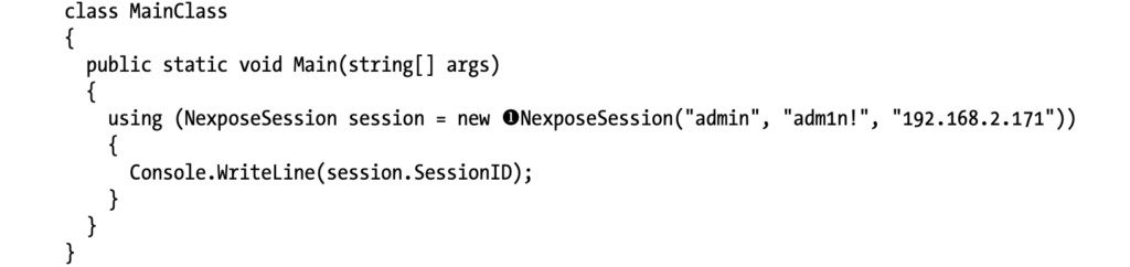 Using NexposeSession to authenticate with the Nexpose API and print SessionID