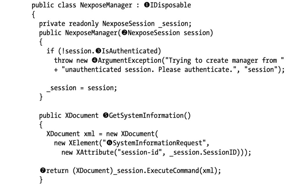 The NexposeManager class with a GetSystemInformation() method