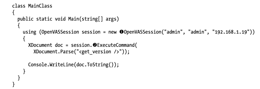 The Main() method driving OpenVAS to retrieve the current version