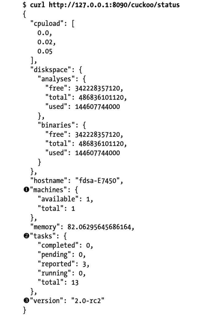 Using curl to retrieve the Cuckoo Sandbox status via the HTTP API