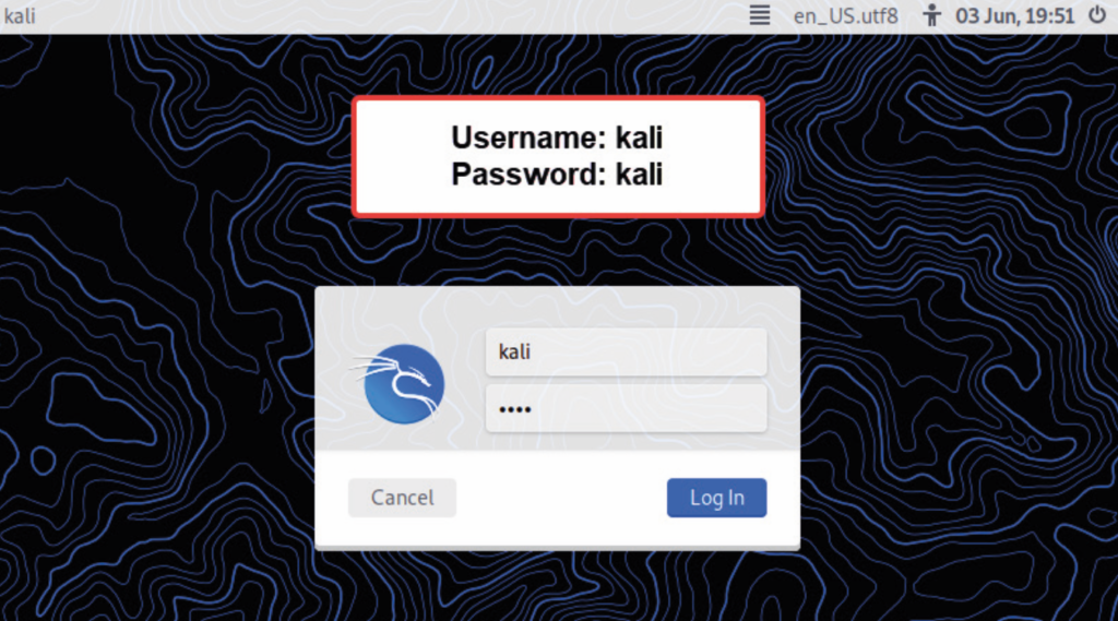 Logon window on Kali Linux