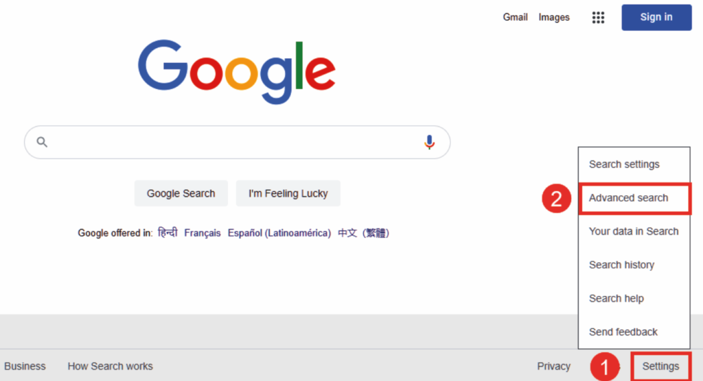 Google's Advanced search menu