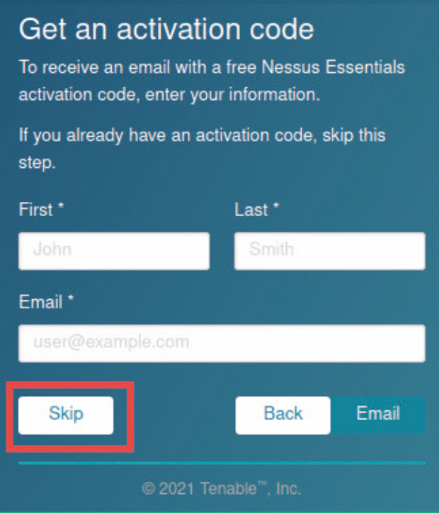 Nessus activation code window