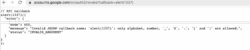 https://accounts.google.com/o/oauth2/revoke?callback=alert(1337)