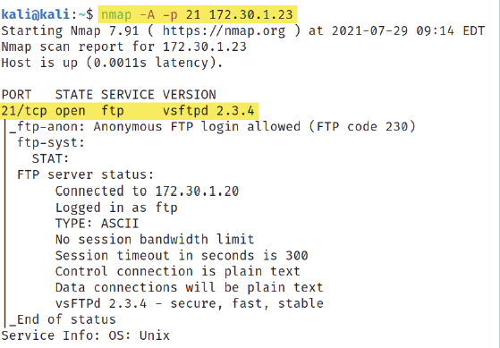 Nmap определил, что порт 21 открыт и используется по умолчанию для FTP