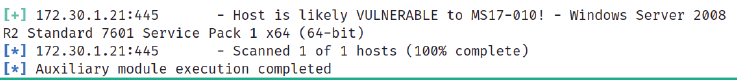 На следующем изображении видно, что Metasploit дал положительный результат, предположив, что цель, вероятно, подвержена уязвимости MS17 \ -010.